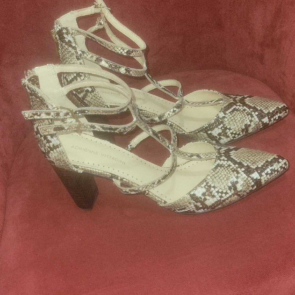 Adrienne Vittadini Brown and Cream Snakeskin Heels